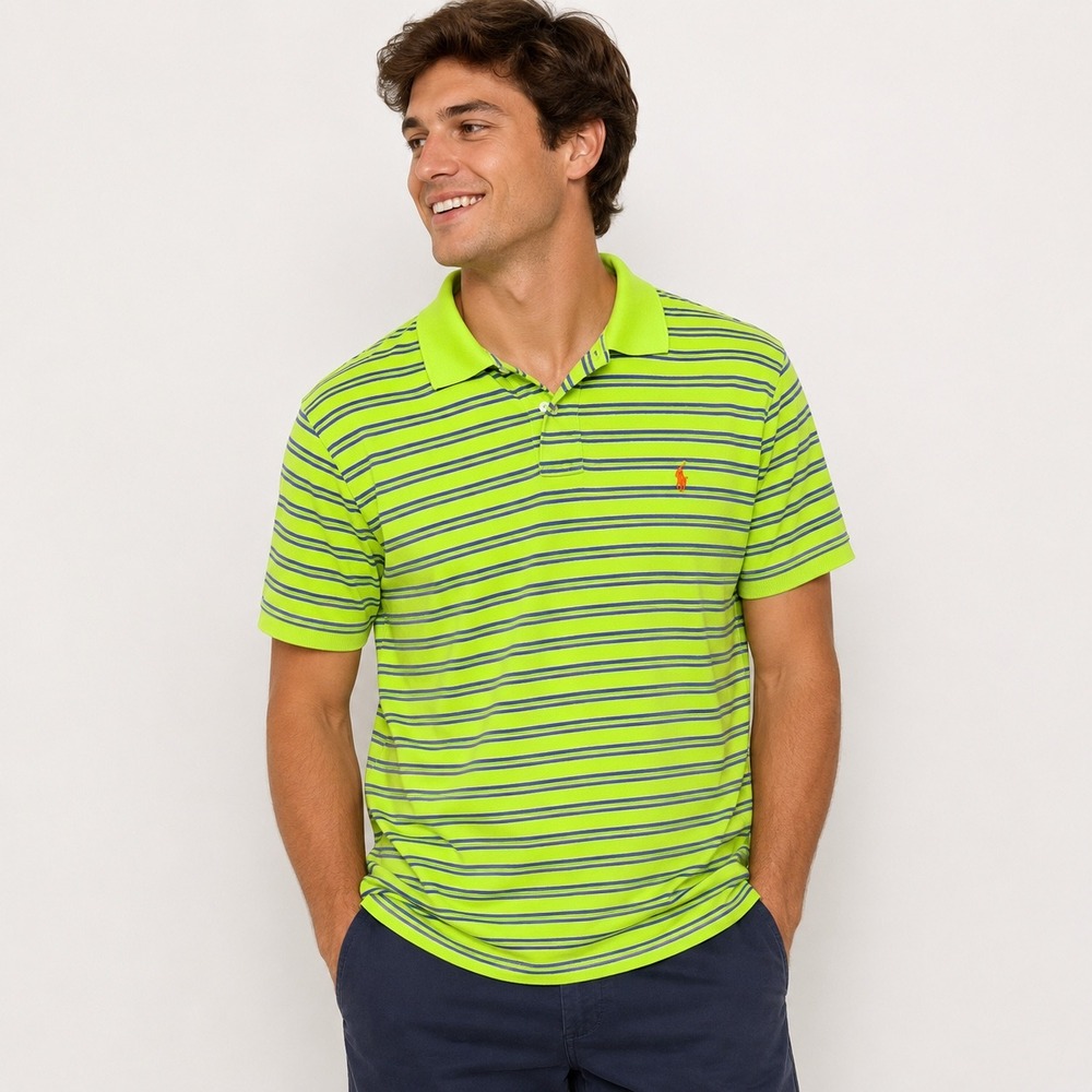 Polo Ralph Lauren Mens Size Large Custom Fit Polo Shirt Green Blue Stripe Cotton